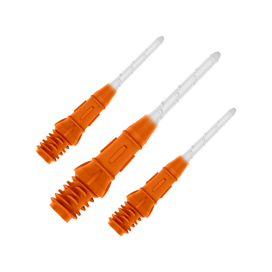 Dvoubarevné rtěnky L-Style Premium (balení 30 kusů) Das Bild zeigt drei orange-weiße Dartspitzen in einer Reihe. Die Spitzen sind zum Teil orange und werden nach vorne hin durchsichtig.