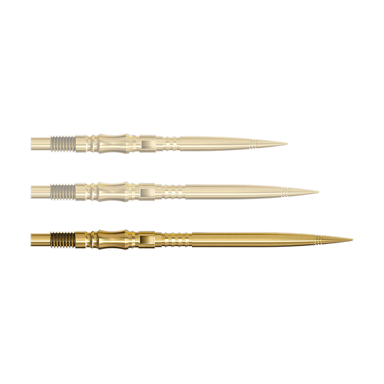 Špičky na šipky Harrows Quick Point Axis Elite Series - zlaté Eine einzelne Dartspitze in Gold ist von nahe gezeigt. Die Spitze ist nach rechts ausgerichtet.