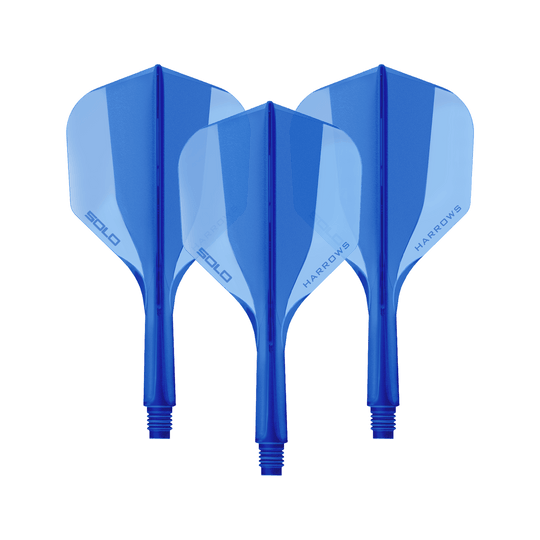 Das Bild zeigt ein Harrows Solo No6 Flight Shaft System in Blau, 20mm, als Set. Es handelt sich um Zubehör für Dartpfeile.