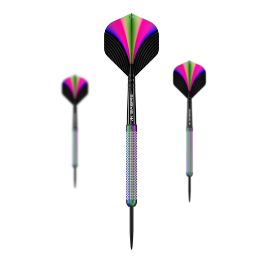 Ocelové šipky Mission Aurora Coral PVD - 23g Die Abbildung zeigt die "Mission Aurora Coral PVD Steeldarts - 23g". Die Darts haben ein farbenfrohes Design in Pink, Grün und Schwarz mit einem glänzenden Griff.