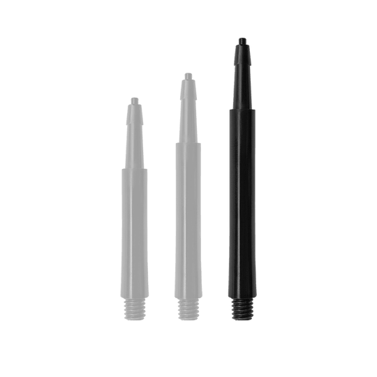 HRC12619_Harrows_Clic_Standard_Shafts_Schwarz_37mm_1QaDcgvy5x2bFt Das Bild zeigt drei schwarze Harrows Clic Standard Shafts in unterschiedlicher Länge. Sie sind als Zubehörteile für Dartpfeile gedacht.