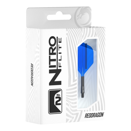 Die Verpackung zeigt das Produkt "Red Dragon Nitroflite - Black Shaft Blue No2 Flights". Im Sichtfenster ist ein blauer Dart-Flügel mit schwarzem Schaft zu sehen.