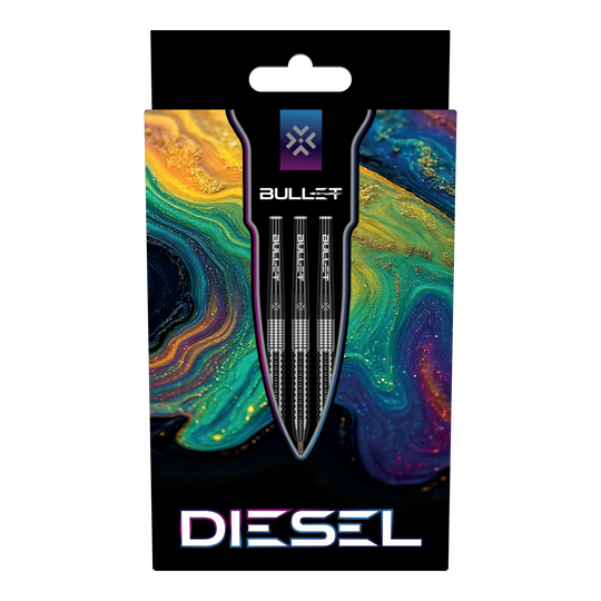 Ocelové šipky Bullet Diesel Zu sehen sind die Bullet Diesel Steeldarts. Das Bild zeigt das Aussehen und Design dieses Dartprodukts.