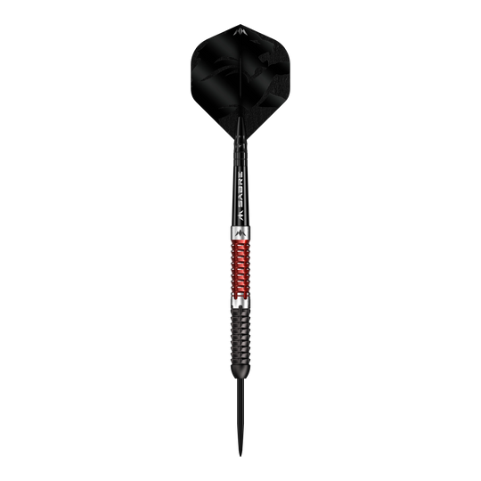 Abgebildet ist der Mission Llew Bevan Black Red Electro Steeldarts in 23g. Der Dartpfeil ist schwarz und rot gestaltet.