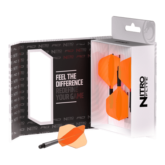 Letky Red Dragon Nitrofile Black Shaft Orange No2 Dieses Bild zeigt den Red Dragon Nitroflite Black Shaft Orange Flights No2. Der Dart-Schaft hat schwarze und orange Details.