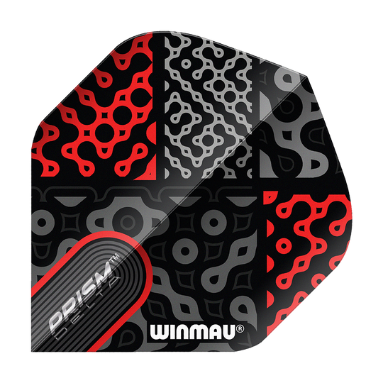 Das Bild zeigt das Produkt "Winmau Prism Delta Cypher No2 Standard Flights". Es hat ein auffälliges Muster in Schwarz, Rot und Grau mit dem Winmau-Logo darauf.