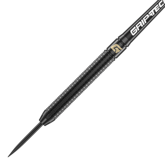 Ocelové šipky GOAT Athlete Black Brass - 13g Das Bild zeigt einen schwarzen Steeldart mit dem Namen "GOAT Athlete Black Brass Steeldarts - 13g". Der Dart hat eine geriffelte Oberfläche für besseren Halt und trägt den Schriftzug "GRIP-TEC".