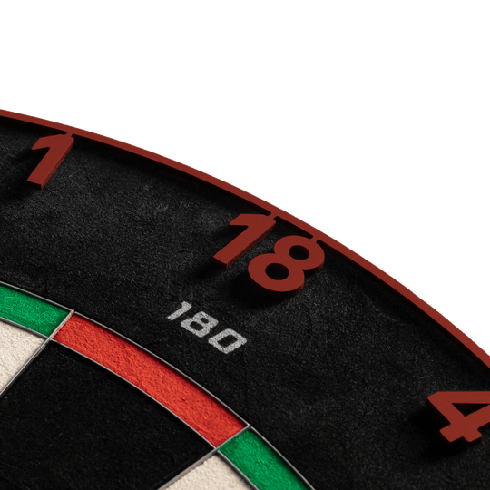 Ocelový terč Precise 180 Endorphine s číslovaným kroužkem - vybledlý červený Gezeigt wird das Precise 180 Endorphine Steeldartboard mit Nummernring in Faded Red. Das Bild beschreibt das Produkt für den Dartbereich.
