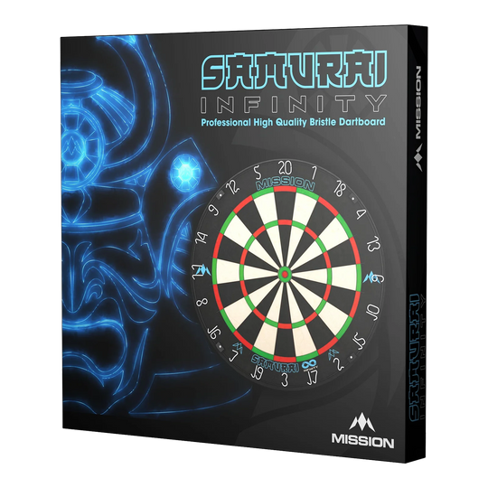 Ocelový terč Mission Samurai Infinity Auf dem Bild ist die Verpackung des "Mission Samurai Infinity Steeldartboard" zu sehen. Die Box zeigt eine Abbildung eines Dartboards und ein leuchtendes Samurai-Motiv im Hintergrund.
