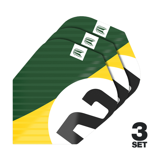 Letenky Target Pro Ultra Chicane Green No6 – 3 sady Das Bild zeigt drei Sätze der Target Pro Ultra Chicane Green No6 Flights. Die Flights sind in den Farben Grün, Gelb, Weiß und Schwarz gestaltet.