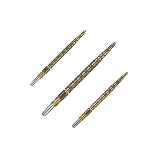 Zaměřte hroty šipek Swiss Diamond Pro Gold Goldene Dartspitzen mit matter Struktur liegen nebeneinander. Das Set ist auf einem hellen Hintergrund platziert.