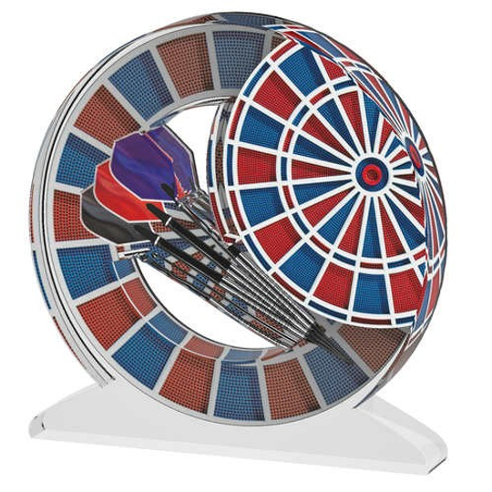 Acryl_Pokal Auf dem Bild ist eine Acryl-Trophäe für Softdart zu sehen. Die Trophäe zeigt eine bunte Dartscheibe und mehrere Dartpfeile auf einem weißen Standfuß.