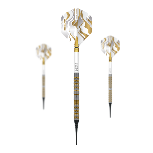 Šipky Red Dragon Paradym Gold Parallel Softdarts - 20g Abgebildet ist ein Set der Red Dragon Paradym Gold Parallel Softdarts - 20g. Das Set besteht aus mehreren goldenen Darts.