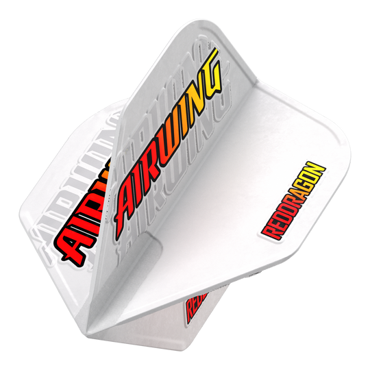 Standardní lety Red Dragon Airwing s červeným logem Das Bild zeigt das Produkt "Red Dragon Airwing Red Logo Standard Flights" für Darts. Die Flights sind weiß mit den auffälligen Schriftzügen "AIRWING" und "REDDRAGON" in rot und gelb.