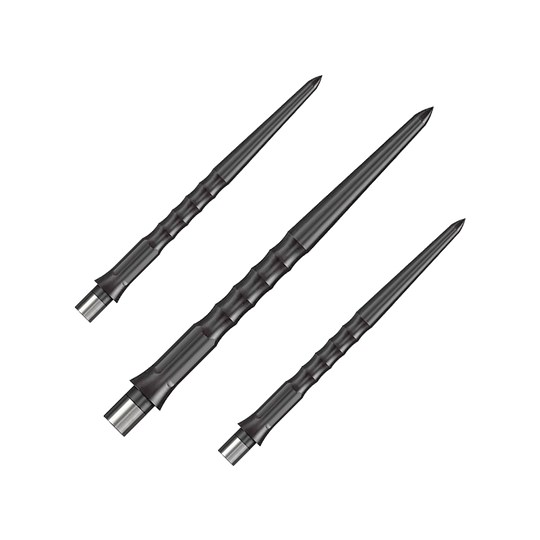 Caliburn System Steel Dart Tips - Ripple - NoLip - Black Das Bild zeigt drei schwarze Steeldartspitzen mit einer gerippten Oberfläche. Die Spitzen sind schlank und haben eine Länge von 32 mm.