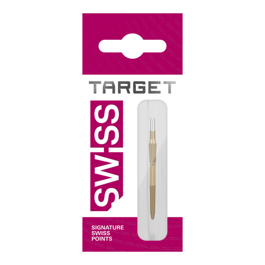 Špičky na šipky Target Elysian Archetype 43 Swiss Point ocelové - zlaté Das Bild zeigt Dartspitzen in goldener Farbe. Es handelt sich um Target Elysian Archetype 43 SwissPoint Dartspitzen, 30 mm.