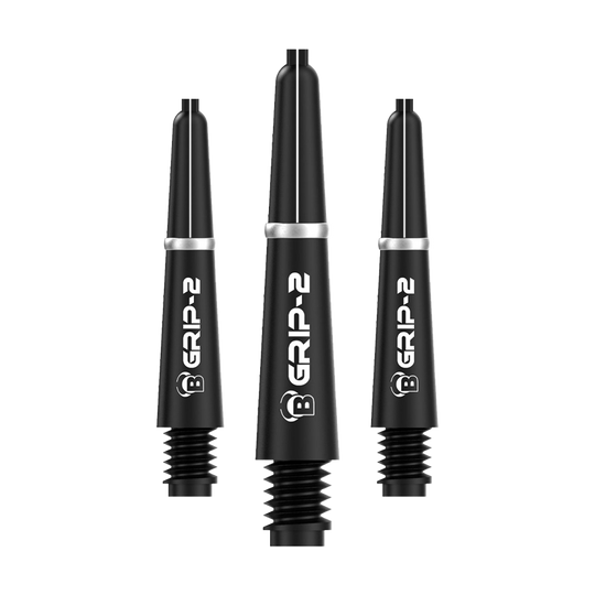 Das Bild zeigt drei schwarze Bulls B-Grip-2 SL Shafts für Dartpfeile. Sie sind schlank designt und haben weiße Schriftzüge auf der Vorderseite.
