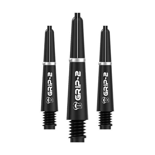 BS55081_Bulls_B-Grip-2_SL_Shafts_Schwarz_28mm_1 Das Bild zeigt drei schwarze Bulls B-Grip-2 SL Shafts für Dartpfeile. Sie sind schlank designt und haben weiße Schriftzüge auf der Vorderseite.