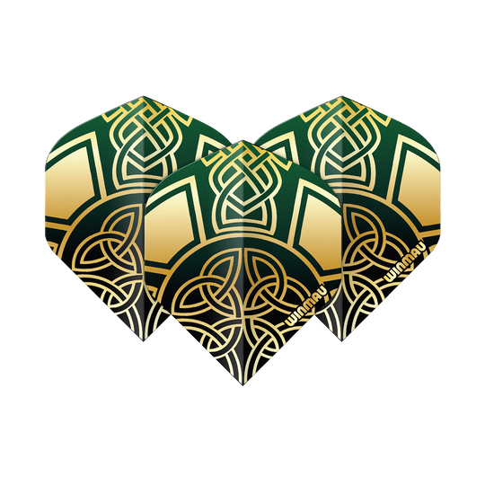 Zu sehen sind die Winmau Prism Delta Brendan Dolan Celtic Knot Black Gold No2 Standard Flights. Diese Darts-Flights haben ein schwarzes und goldenes keltisches Knoten-Design.