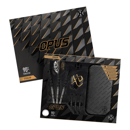Ocelové šipky Harrow's Opus Quick Point Harrows Opus Quick Point Steeldarts - 23g. Es werden drei Steeldarts mit 23 Gramm aus der Harrows Opus Reihe dargestellt.