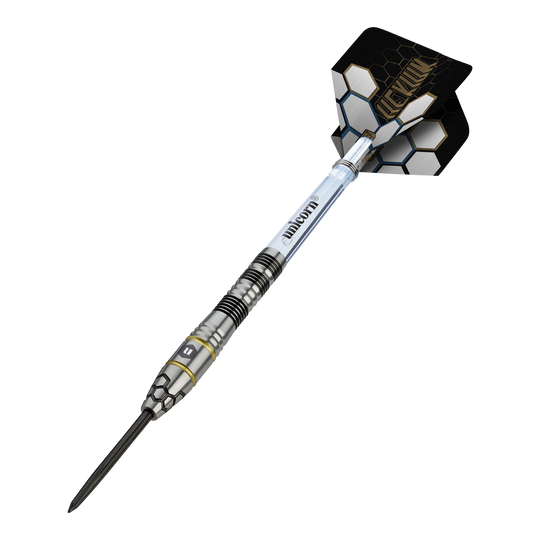 Ocelové šipky Unicorn Hexium Style 01 Černé a zlaté Hier sieht man die Unicorn Hexium Style 01 Black & Gold Steeldarts. Die Darts haben eine Kombination aus schwarzen und goldenen Elementen.