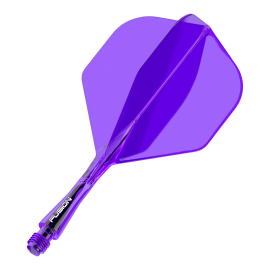 Auf dem Bild ist ein lila Dart-Flight mit Shaft zu sehen. Das Bauteil ist transparent und hat eine Standardform.