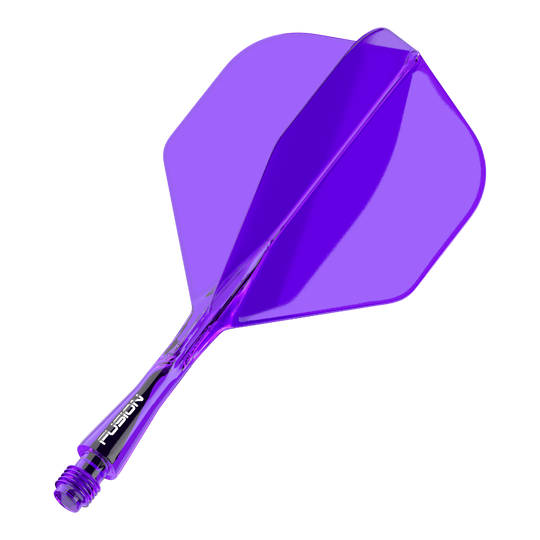 Systém letky Winmau Fusion Standard Purple Auf dem Bild ist ein lila Dart-Flight mit Shaft zu sehen. Das Bauteil ist transparent und hat eine Standardform.