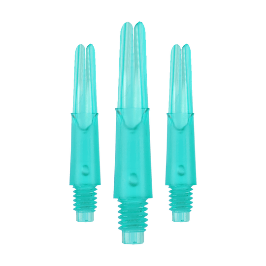 L-L-Style-Shafts Uzamčené rovné - Emerald Auf dem Bild sind drei türkisfarbene Dartschäfte zu sehen. Sie haben eine gerade Form und ein Schraubgewinde am unteren Ende.