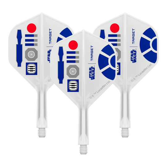 Bild eines Dart-Zubehörteils, vermutlich Dart Flights. Das Produkt ist anhand des Dateinamens als Target Star Wars KFlex R2D2 No2 Standard Flights Short 19mm erkennbar.