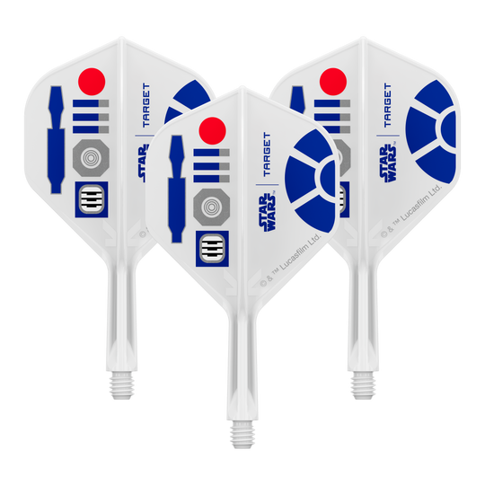 Standardní letky Target Star Wars K-Flex R2D2 No2 Bild eines Dart-Zubehörteils, vermutlich Dart Flights. Das Produkt ist anhand des Dateinamens als Target Star Wars KFlex R2D2 No2 Standard Flights Short 19mm erkennbar.