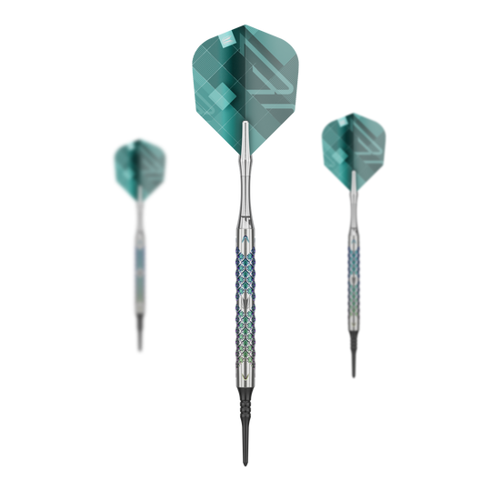 Target Rove 10 měkkých šipek Das Bild zeigt drei Softdarts des Modells "Target Rove 10" mit silbernen Schäften und grünen Flights. Die Darts sind elegant gestaltet und stehen vor einem schwarzen Hintergrund.