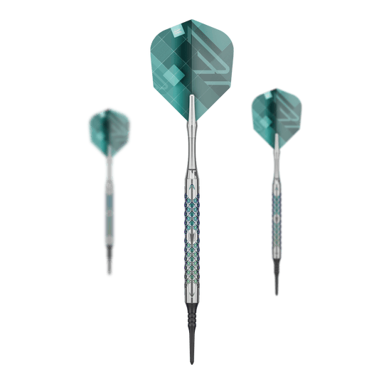 Target Rove 10 měkkých šipek Das Set Target Rove 10 Softdarts zeigt mehrere Darts zusammen. Die Produkte sind gleichmäßig angeordnet.