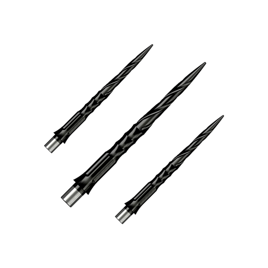 Abgebildet ist ein Set von Steeldartspitzen aus der Datei 'EVO007_Caliburn_Evo_System_Steeldartspitzen_Spiro_NoLip_Black_28mm_1Set_(1)'. Mehrere schwarze Dartspitzen sind als Gruppe dargestellt.