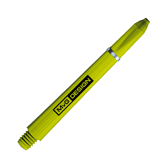 Das Bild zeigt einen gelben Dart-Shaft mit der Aufschrift "MvG DESIGN". Es handelt sich um den Winmau Nylon Ring Grip MvG Design Shaft.