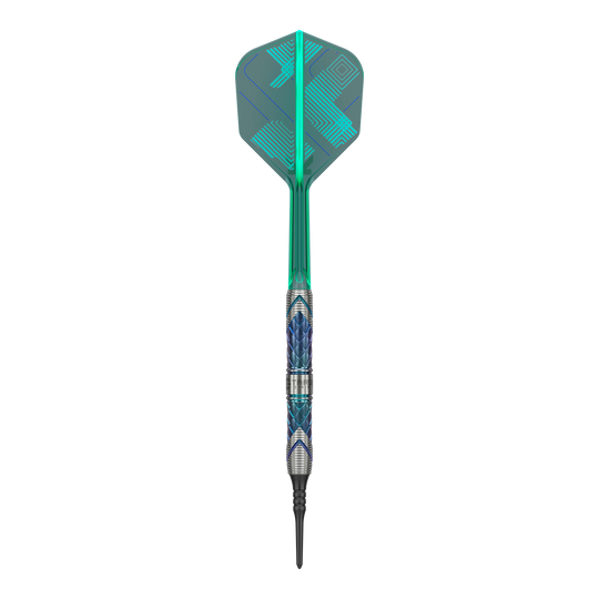 Das Bild zeigt einen Target Japan Kaze Series Ceros 03 Softdart mit einem Gewicht von 19 Gramm. Der Dart hat ein auffälliges Design mit blauen und silbernen Mustern sowie einer grünen Flight.