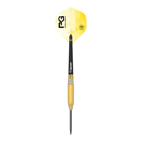 Das Bild zeigt einen Steeldart namens "Bulls Patrick Geeraets Steeldarts - 23g". Der Dartpfeil hat eine goldene Barrel, einen schwarzen Schaft und ein gelb-weißes Flight mit Logo.