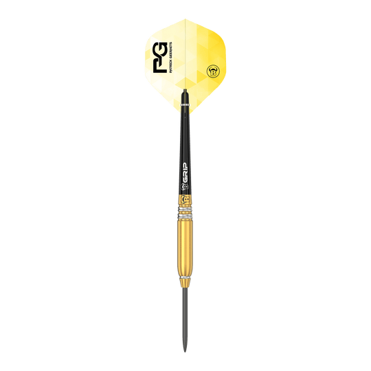 Býci Patrick Geeraets Steeldarts - 23g Das Bild zeigt einen Steeldart namens "Bulls Patrick Geeraets Steeldarts - 23g". Der Dartpfeil hat eine goldene Barrel, einen schwarzen Schaft und ein gelb-weißes Flight mit Logo.