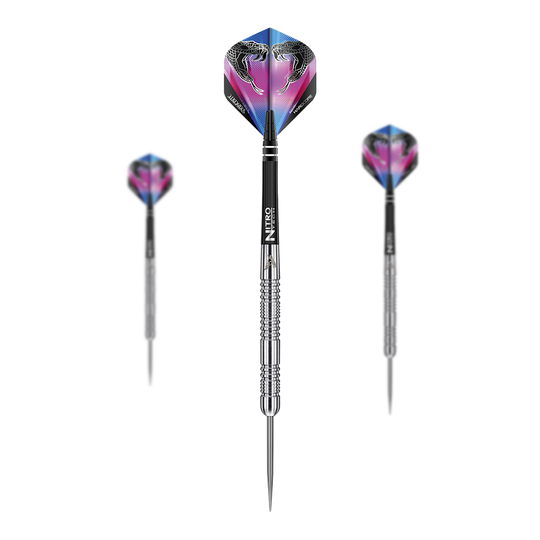Ocelové šipky Red Dragon Peter Wright Snakebite Euro 11 Das Bild zeigt drei Steeldarts des Modells "Red Dragon Peter Wright Snakebite Euro 11". Die Flights der Darts sind farbenfroh gestaltet und zeigen zwei Schlangen.