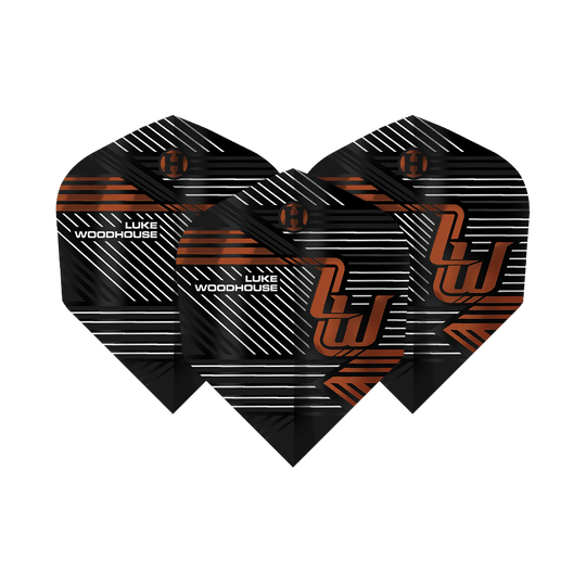 Das Bild zeigt die Harrows Luke Woodhouse Series 2 Flights. Die Flights sind überwiegend schwarz mit weißen und orangefarbenen Linien sowie dem Namen "Luke Woodhouse" aufgedruckt.