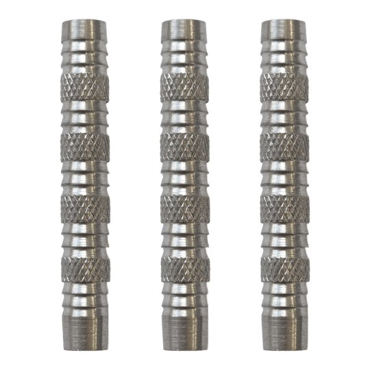 Hier sieht man McDart Knurled Shark Softdart Barrels - 18g als Set. Die Dart-Barrels sind silbern und haben ein markantes Rillenmuster.