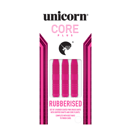 Šipky Unicorn Core Plus pogumované růžové ocelové Das Bild zeigt eine Packung mit drei pinken, gummierten Steeldarts der Marke Unicorn Core Plus. Die Darts haben geriffelte Griffe und werden in einer weiß-pinken Verpackung präsentiert.