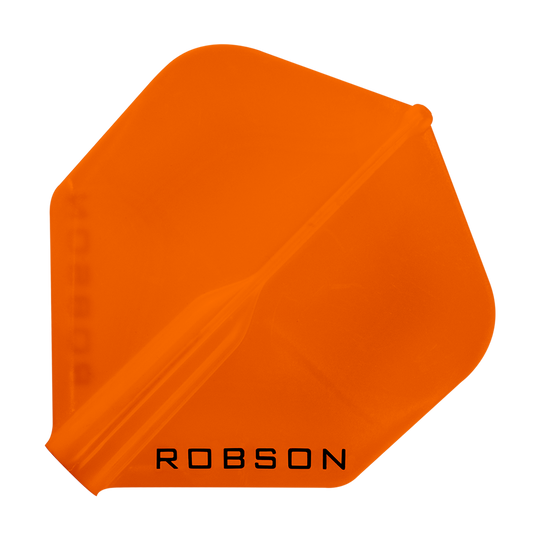 Lety Robson Plus – standardní Das Bild zeigt ein orangefarbenes Dartflight mit der Aufschrift "ROBSON". Das Flight hat eine klassische, standardmäßige Form.