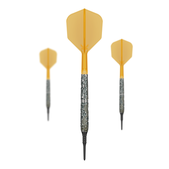 Das Bild zeigt drei Softdarts mit auffälligen gelben Flights und silberfarbenen, strukturierten Schäften. Es handelt sich um das Produkt "Target Elysian 10 Limited Edition Softdarts - 20g".