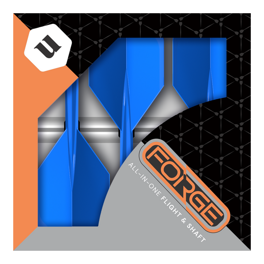 Dies ist eine Verpackung der „Unicorn Forge All In One Plus No2 Standard Flights Blau - Medium“. In der Schachtel befinden sich blaue Dart-Flights mit integriertem Schaft.