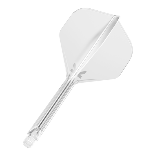Standardní letový systém Target K-Flex No2 - čirý Das Bild zeigt einen klaren Dart-Flight mit integriertem Schaft. Das Design ist schlicht und durchsichtig, mit einem kleinen grauen Logo auf dem Flight.
