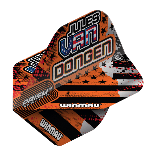 Winmau Prism Delta Jules Van Dongen Standardní lety Das Bild zeigt die Winmau Prism Delta Jules Van Dongen Standard Flights. Die Flights haben ein auffälliges Design mit orangenen, schwarzen und weißen Farben sowie dem Namen "Jules Van Dongen" aufgedruckt.
