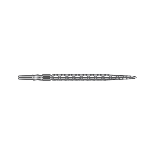 Zaměřte hroty šipek Swiss Diamond Pro Silver Points Das Bild zeigt eine silberne Dartspitze mit einem Rautenmuster entlang des Schafts. Die Spitze ist gerade und hat feine Gravuren zur besseren Griffigkeit.
