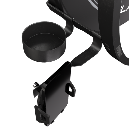 Sada příslušenství Winmau Plasma Das Bild zeigt das Winmau Plasma Zubehör Set mit einem Handyhalter und einem Becherhalter. Beide Halterungen sind an einem runden Rahmen befestigt.