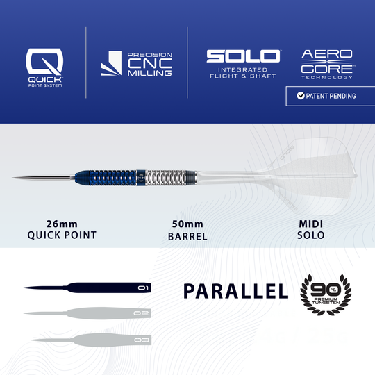Harrows GEO Parallel Quick Point ocelové šipky Das Bild zeigt Harrows GEO Parallel Quick Point Steeldarts. Der Pfeil und sein Aussehen werden präsentiert.