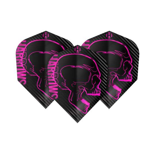 Lety Harrows Rage Pink No6 Das Bild zeigt drei schwarze Dartflights mit einem auffälligen pinken Totenkopf-Design. Auf den Flights steht seitlich in pink der Schriftzug "Harrows".